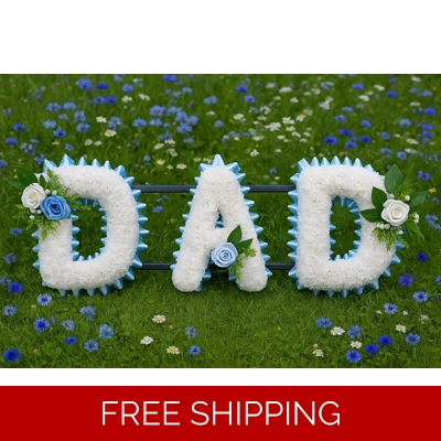 Artificial Funeral Tribute – DAD Letters with Light Blue Ribbon